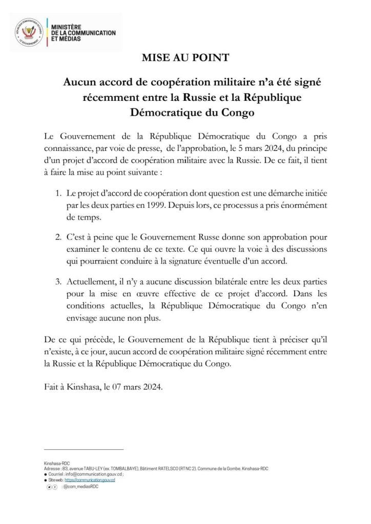 Clarification du Gouvernement de la RDC sur le Prétendu Accord Militaire avec la Russie