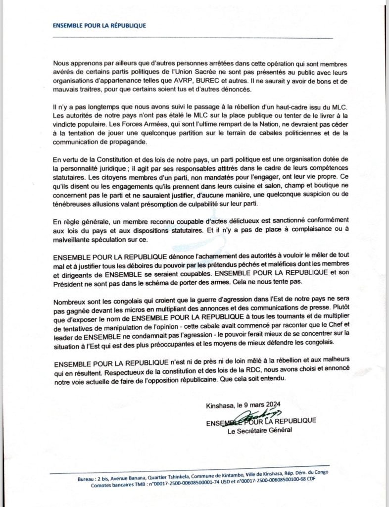 Ensemble pour la République" Clarifie sa Position sur l'Arrestation des Présumés Traîtres à Goma