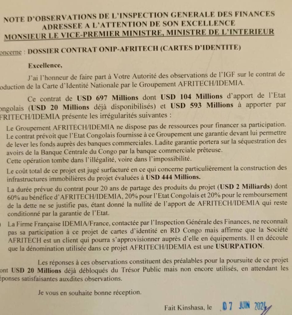 Contrat de l'ONIP pour les Cartes d'Identité : Irrégularités et Soupçons de Corruption Détectés par l'IGF